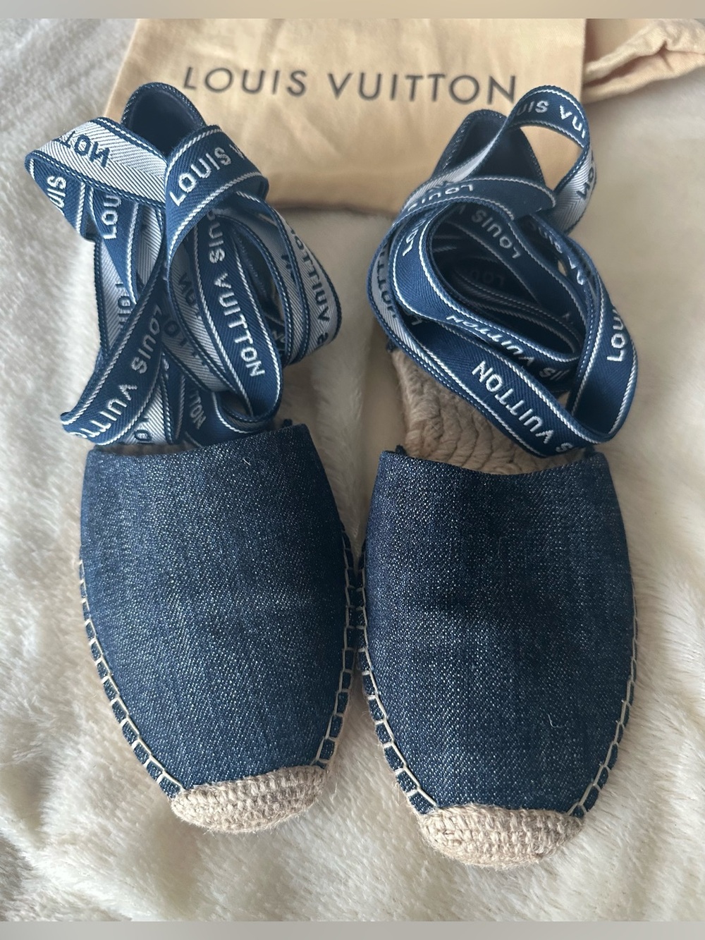 Louis Vuitton Denim Espadrilles Lace Up Sandals